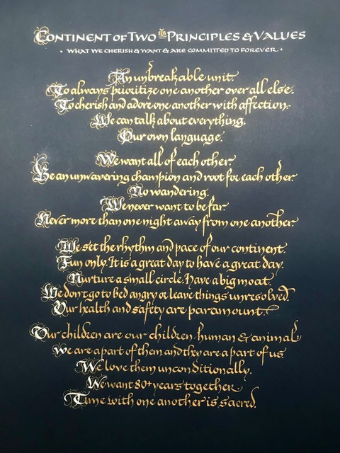 Luminous Letters, calligraphy on dark paper with metallic ink by Barry Morentz