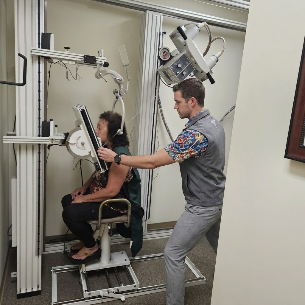 A care team member positioning a patient in the upper cervical imaging equipment at the Honolulu clinic.