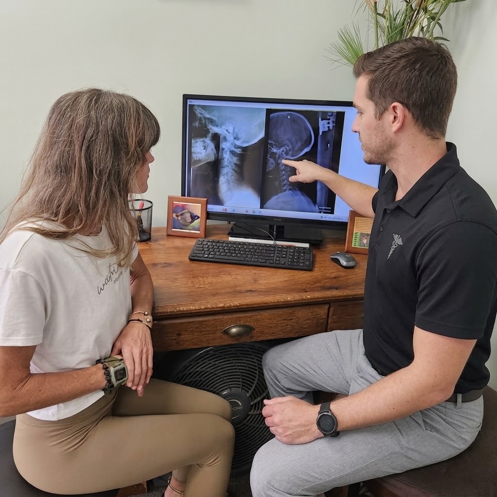 A care team member pointing at a patient’s upper cervical imaging on a monitor while explaining the findings to her.