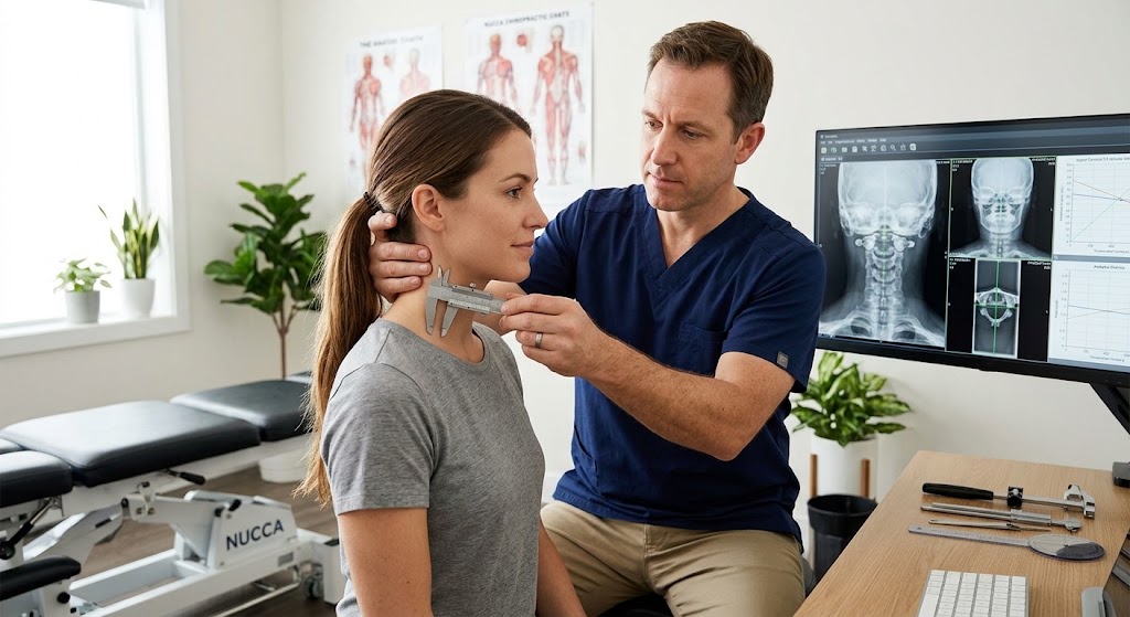 A care team member measuring a patient’s neck alignment with calipers, her upper cervical imaging displayed on the screen behind them.
