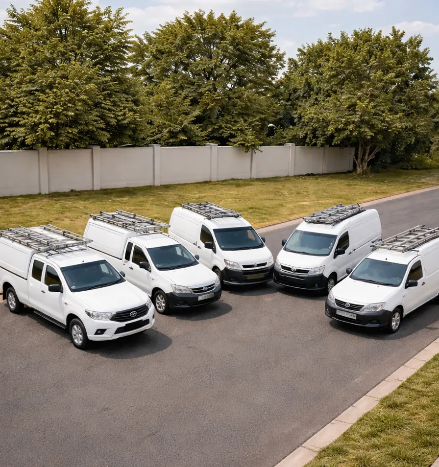 Utility vehicles (vans & trucks) lined up on residential streets with trees
