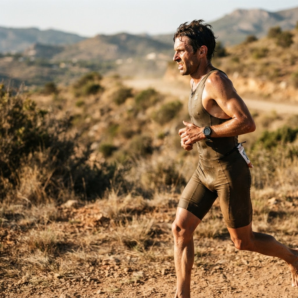 Theo Brandt running on a dry mountain trail