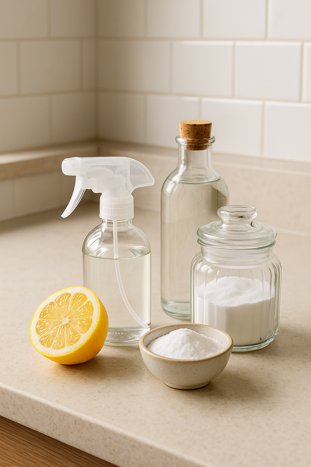 مطبخ منزلي نظيف يعكس مفهوم بيتك بلا سموم واستخدام بدائل طبيعية آمنة للمنظفات الكيميائية لحماية صحة الأسرة