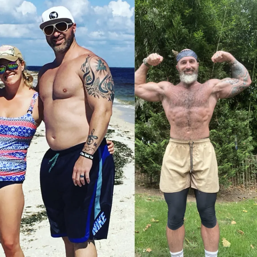 Kyle Newell’s own before-and-after comparison, with a beach photo and an outdoor flexing photo.