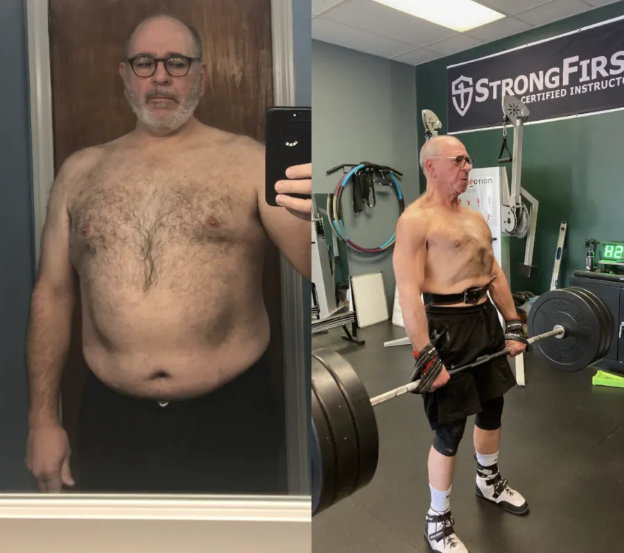 Member comparison with a mirror photo and a gym lifting photo.