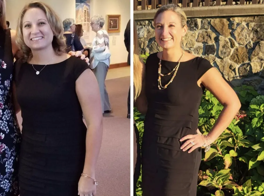 Member comparison showing two photos in black dresses.