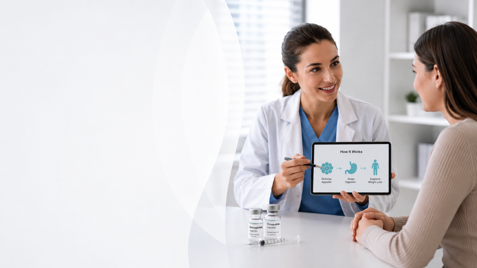 A provider discussing treatment options with a patient, alongside a healthy lifestyle scene