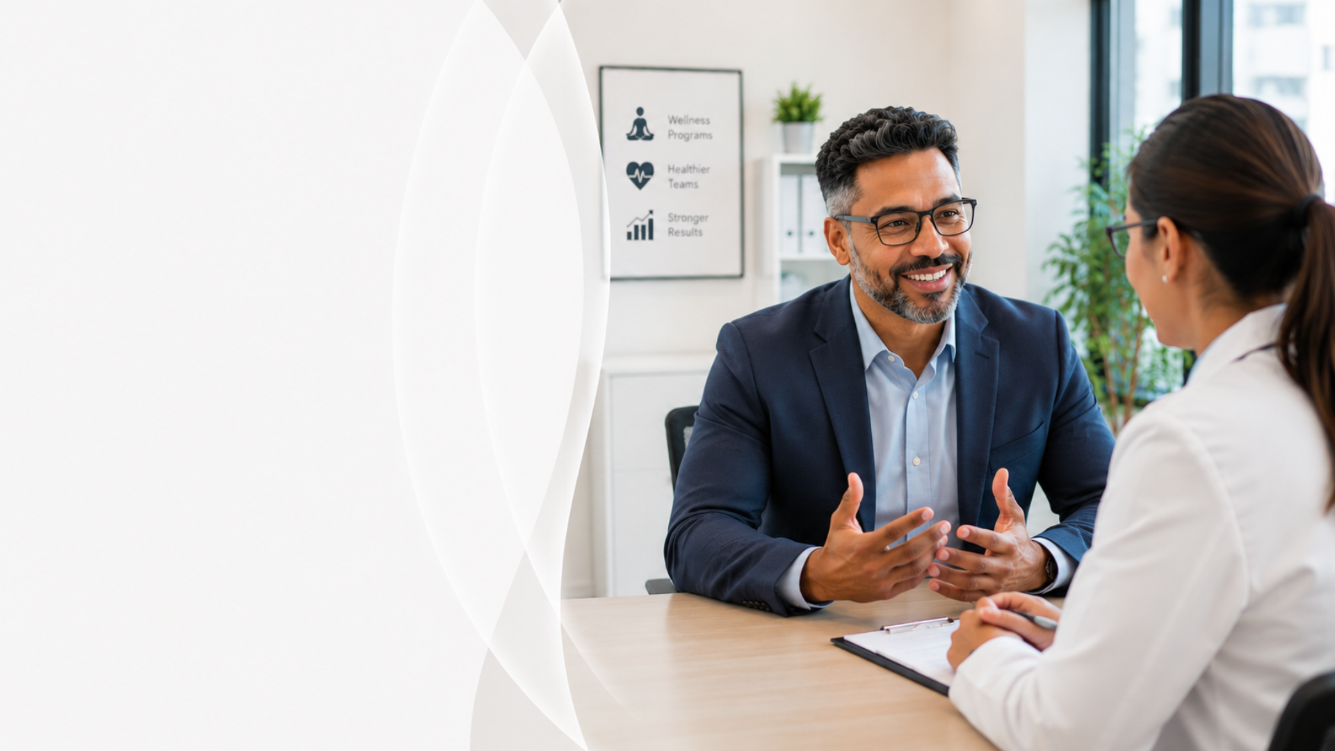 Diverse professionals in a bright modern office with a wellness dashboard overlay