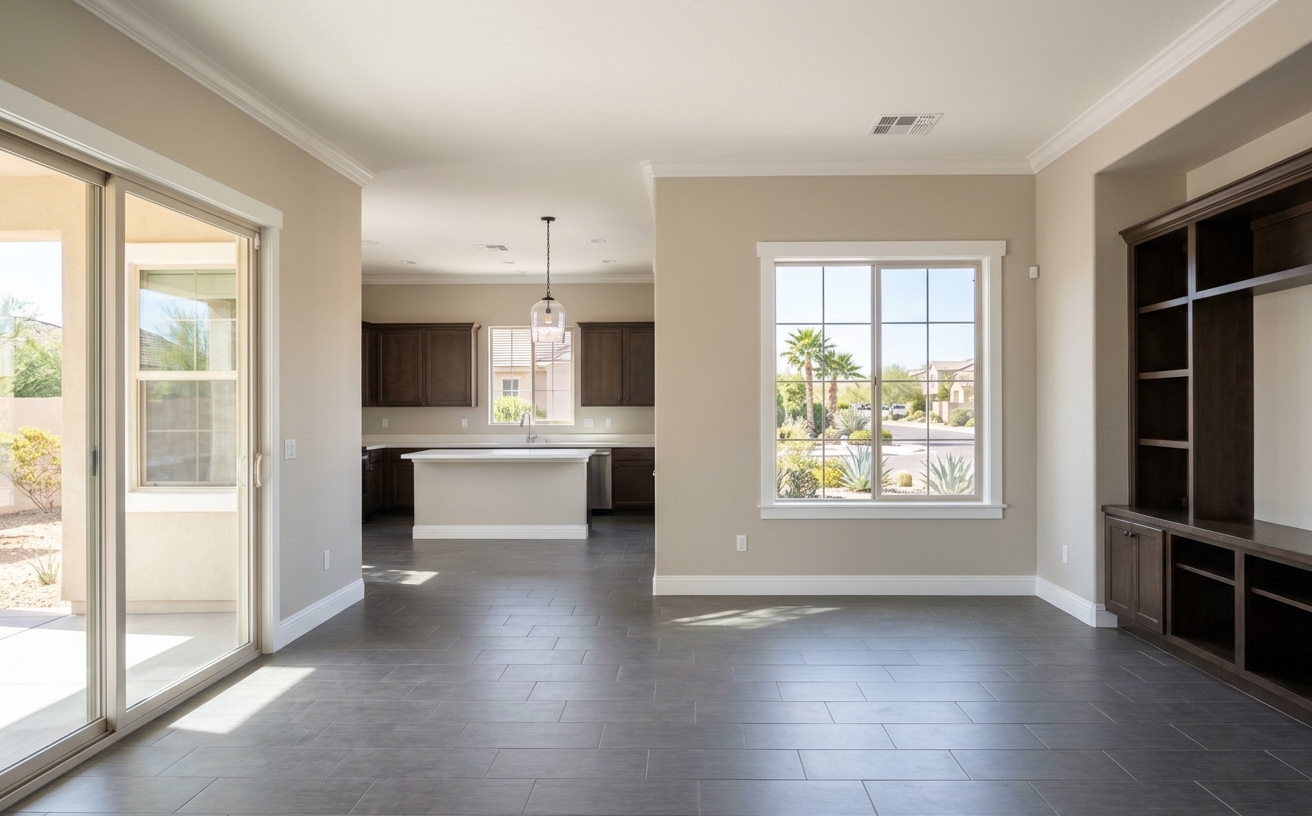 Freshly painted living room interior with crisp white trim