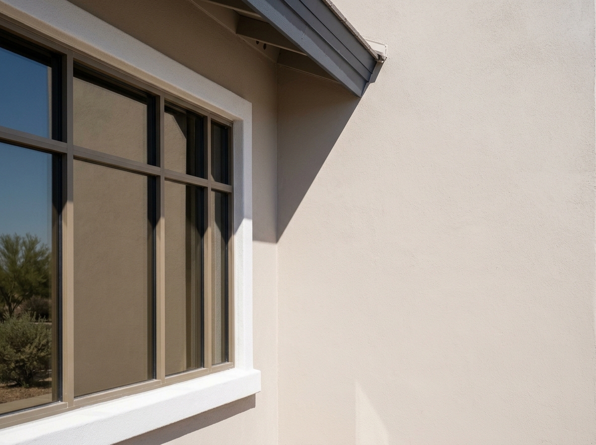 Stucco home exterior repainted in a light desert neutral