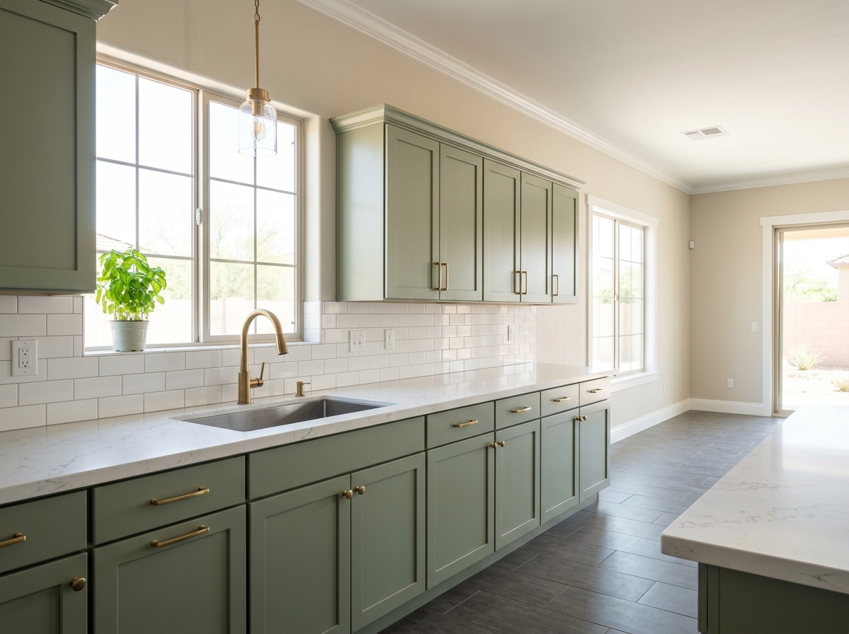 Kitchen cabinets freshly painted in a smooth satin finish
