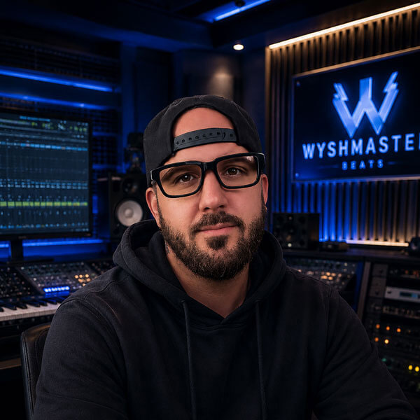 Wyshmaster in his home studio, backwards cap and headphones on, producing hip hop and R&B beats