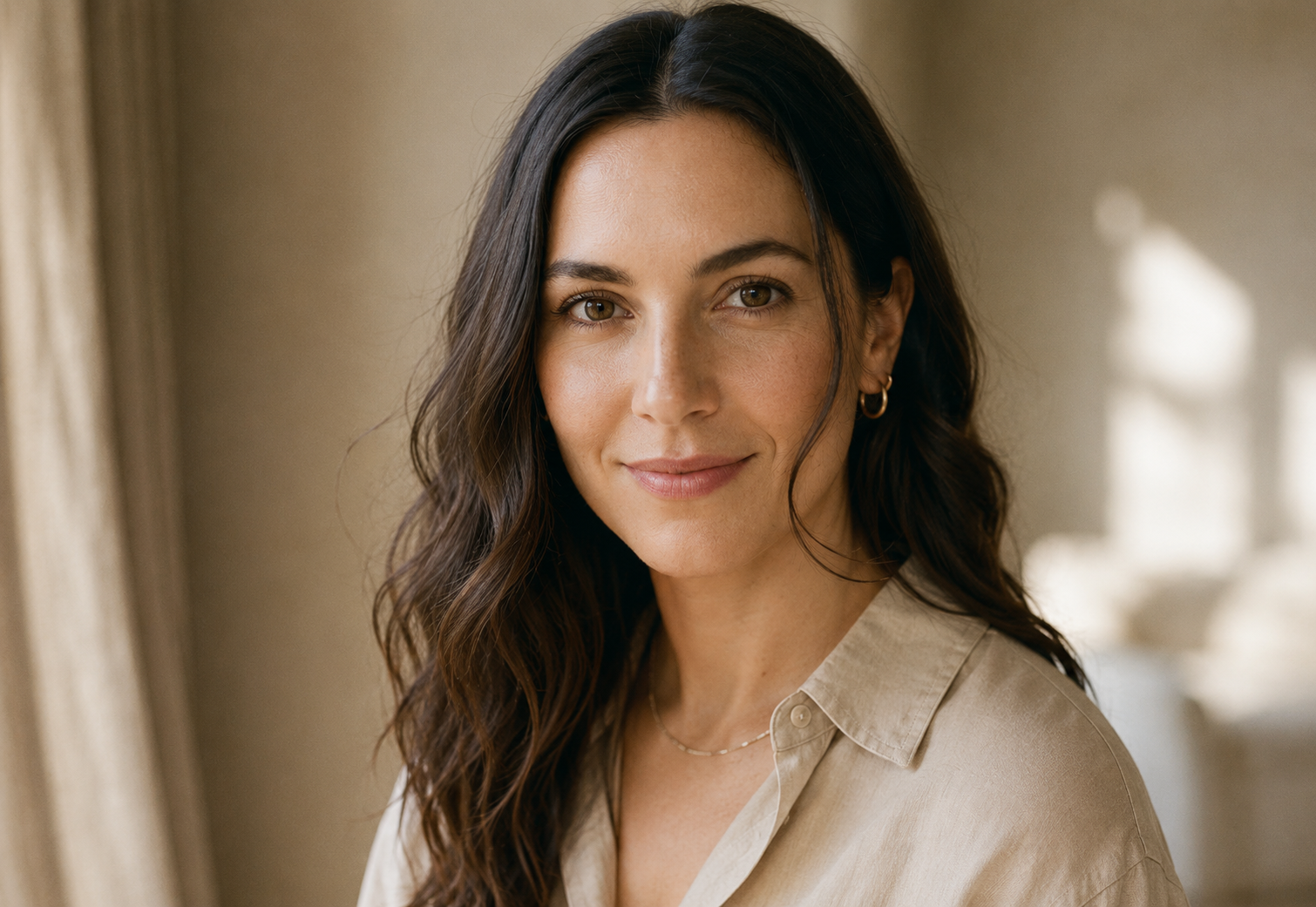 Woman smiling, warm aesthetic