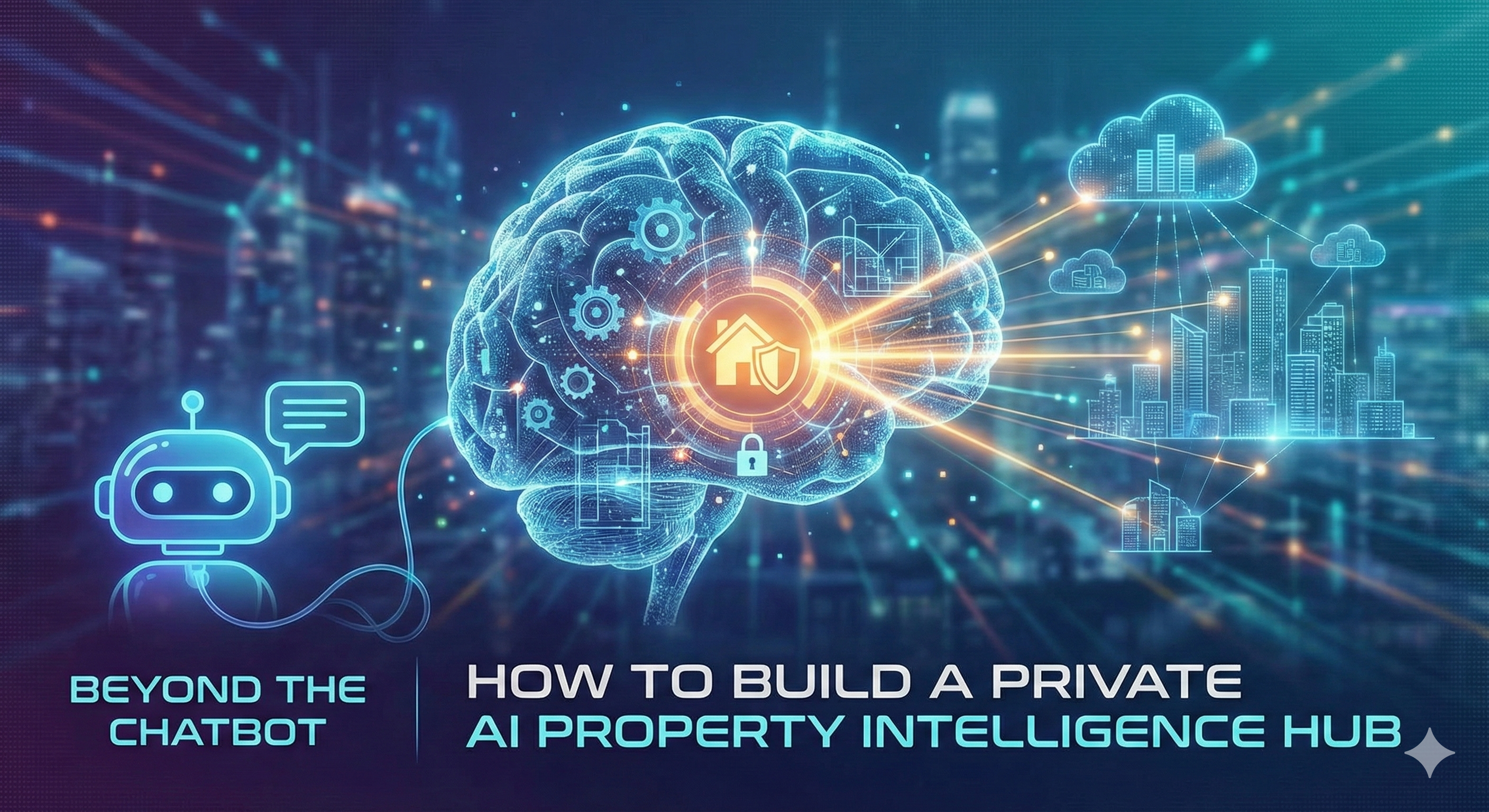 A futuristic digital brain connected to a chatbot icon, featuring a glowing house and security shield in the center, representing a private AI Property Intelligence Hub for real estate agents. The image includes the text 'Beyond the Chatbot: How to Build a Private AI Property Intelligence Hub.'