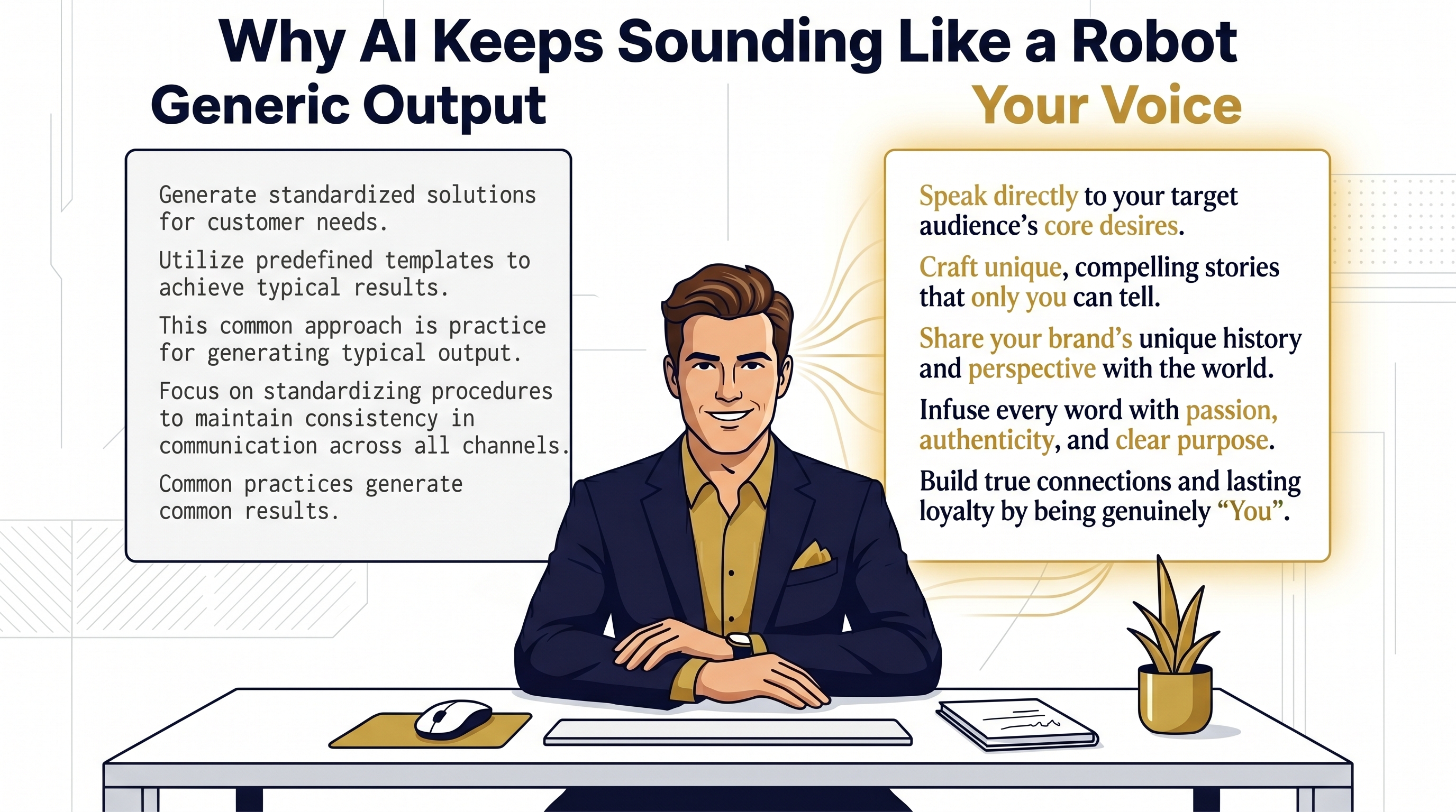 Here is the alternative text and caption for the infographic:  Alt Text: A flat-vector style business infographic contrasting two approaches to content generation, separated by a man in a navy suit and gold shirt seated at a clean, modern desk. On the left, a navy text box titled "Generic Output" lists five bullet points: "Generate standardized solutions for customer needs."; "Utilize predefined templates to achieve typical results."; "This common approach is practice for generating typical output."; "Focus on standardizing procedures to maintain consistency in communication across all channels."; and "Common practices generate common results." On the right, a glowing gold-labeled text box titled "Your Voice" has five points with key terms highlighted in bold gold: "Speak directly to your target audience's core desires."; "Craft unique, compelling stories that only you can tell."; "Share your brand's unique history and perspective with the world."; "Infuse every word with passion, authenticity, and clear purpose."; and "Build true connections and lasting loyalty by being genuinely 'You'." The desk features a monitor, mouse, notepad, and a gold-potted plant.