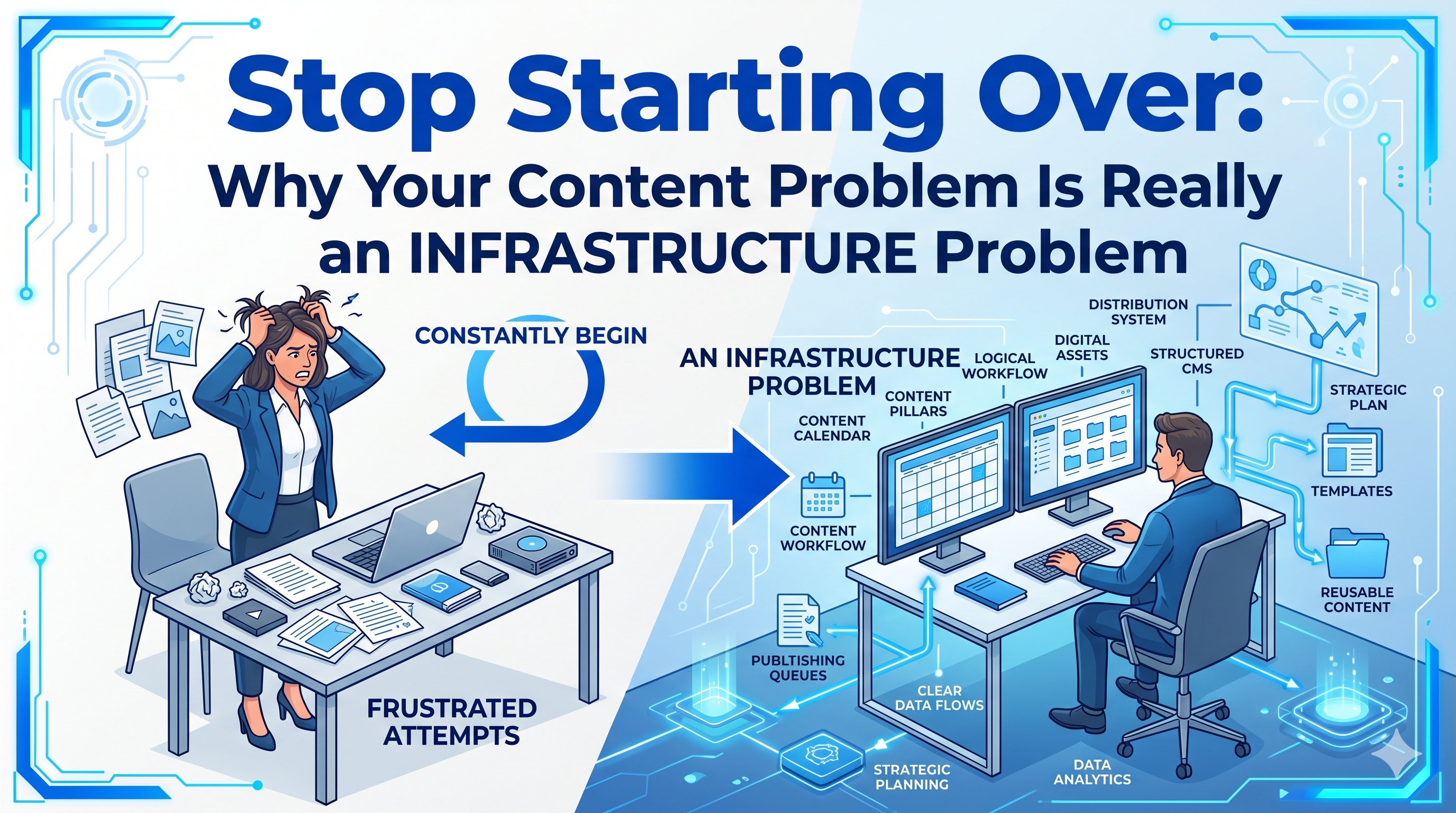 A split-screen illustration for a blog cover titled "Stop Starting Over: Why Your Content Problem Is Really an INFRASTRUCTURE Problem" in bold blue text. On the left, a frustrated woman sits at a messy desk with scattered papers, pulling her hair under a blue circular arrow labeled "Constantly Begin." On the right, a calm man sits at an organized desk with dual monitors displaying a neat calendar and digital assets, connected to a futuristic blueprint layout with glowing blue data flows labeled "Content Workflow," "Structured CMS," and "Reusable Content."