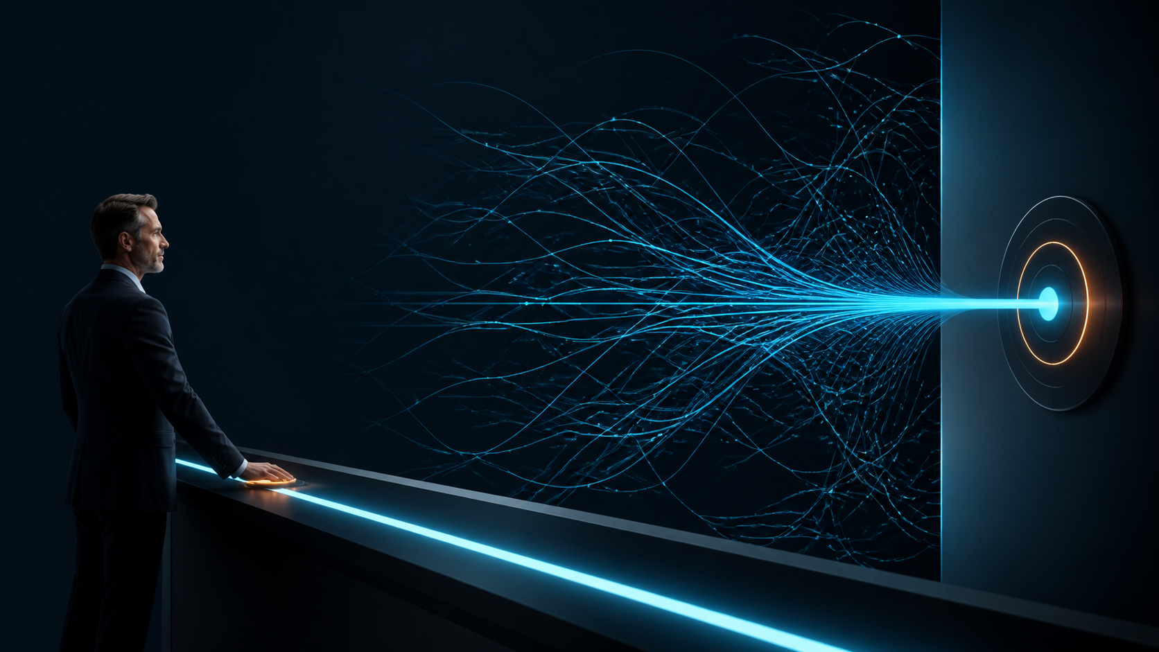 Business leader focusing scattered AI information into one clear target