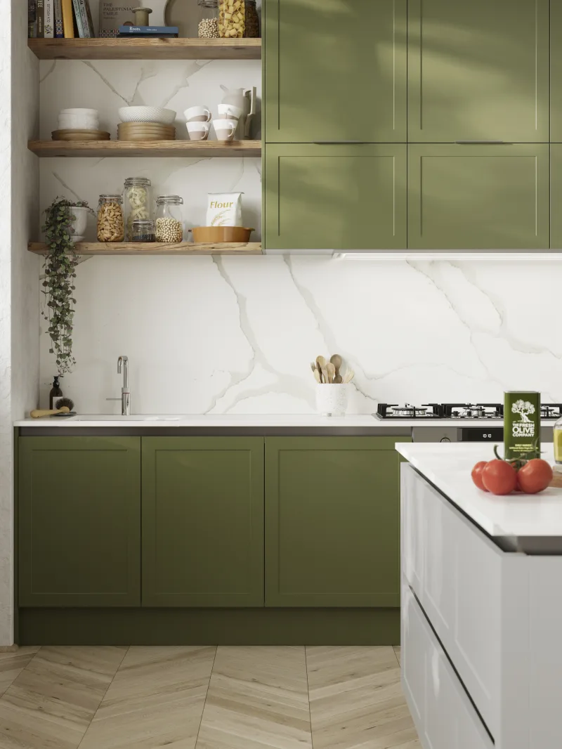 Olive green and linen two-tone shaker cabinet door fronts