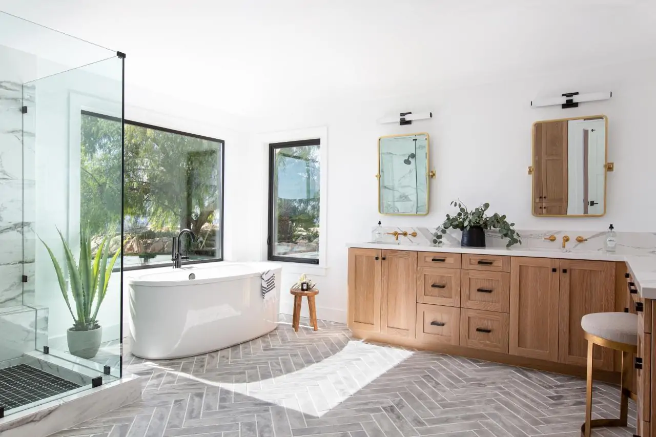 Renovated bathroom with custom vanity cabinetry