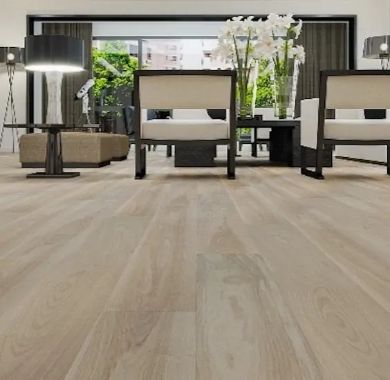 Wide-plank vinyl flooring in a bright living space