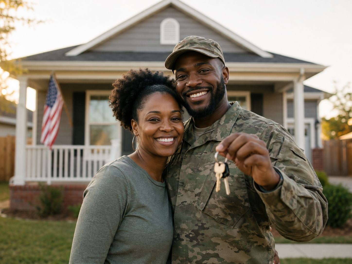 Veteran family standing in front of their new home financed with a VA mortgage