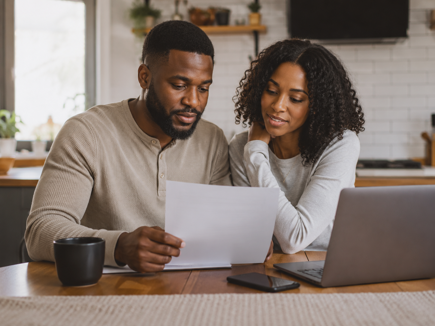 Couple reviewing a stable fixed-rate mortgage payment schedule at home