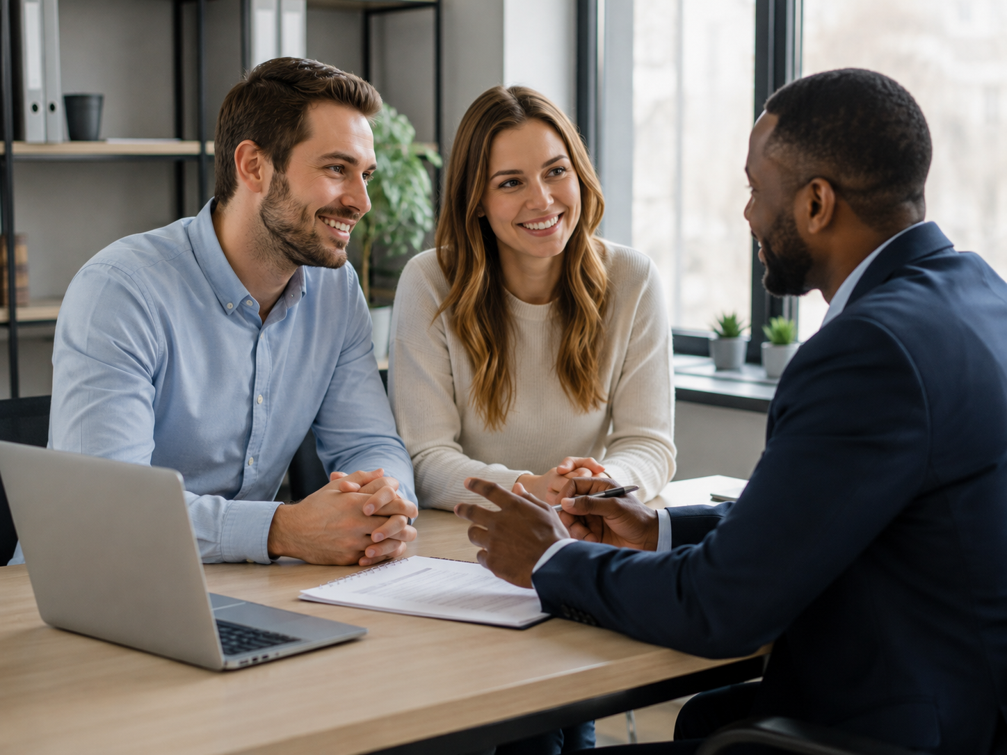 Young buyers discussing an adjustable rate mortgage with an advisor