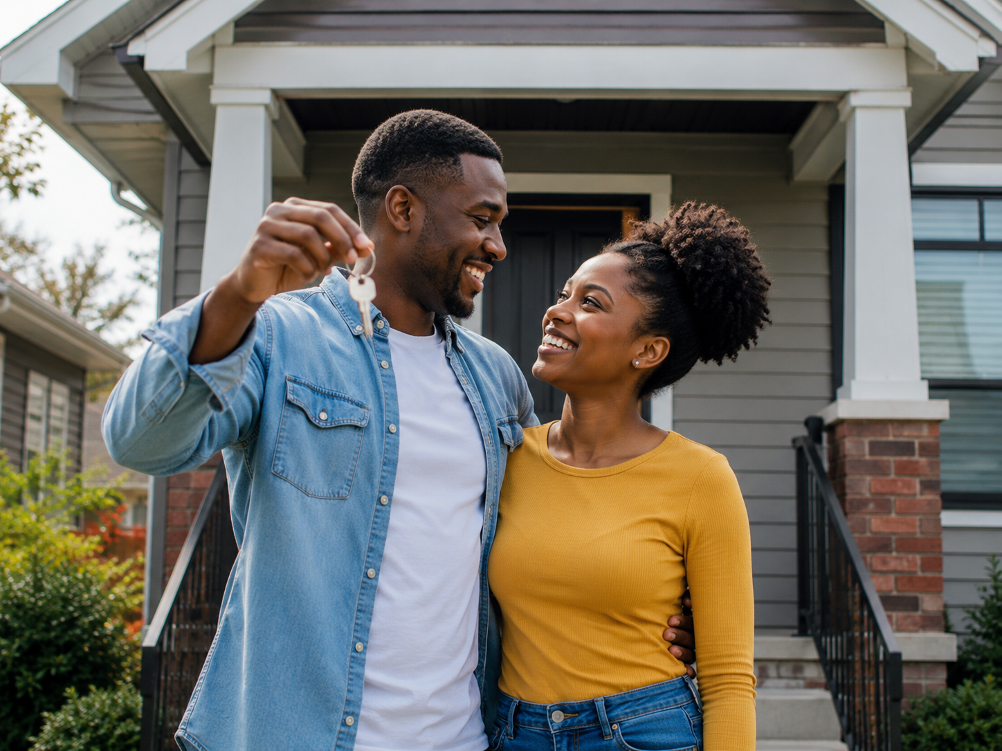 First-time homebuyers holding keys to their new home financed with an FHA loan