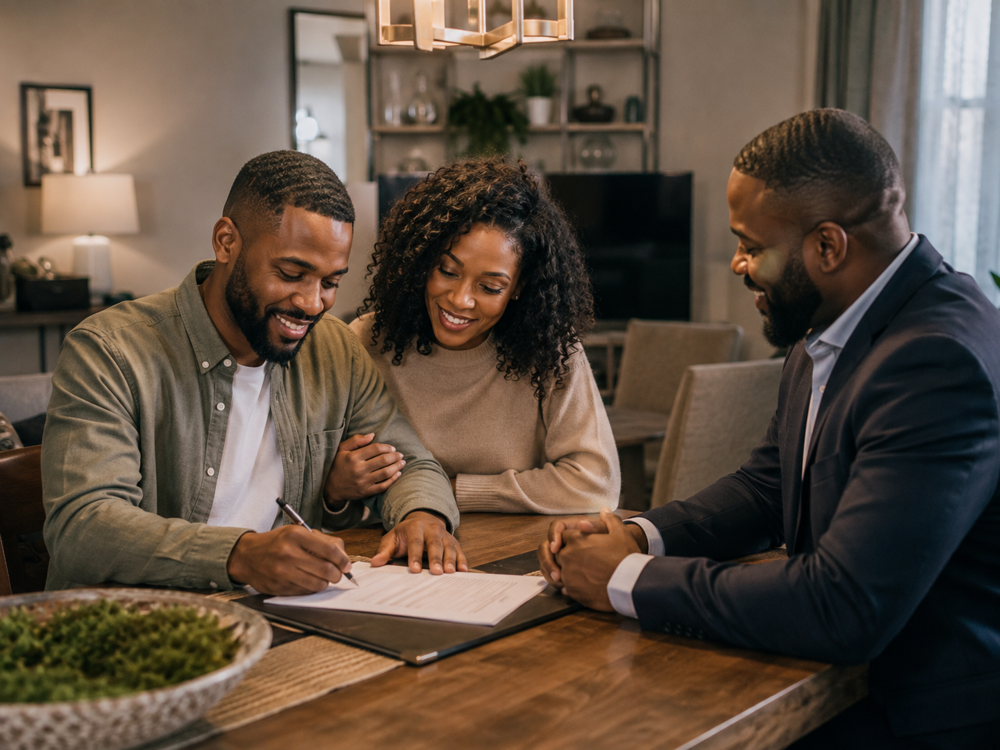 Homeowners signing paperwork to refinance their mortgage for better terms