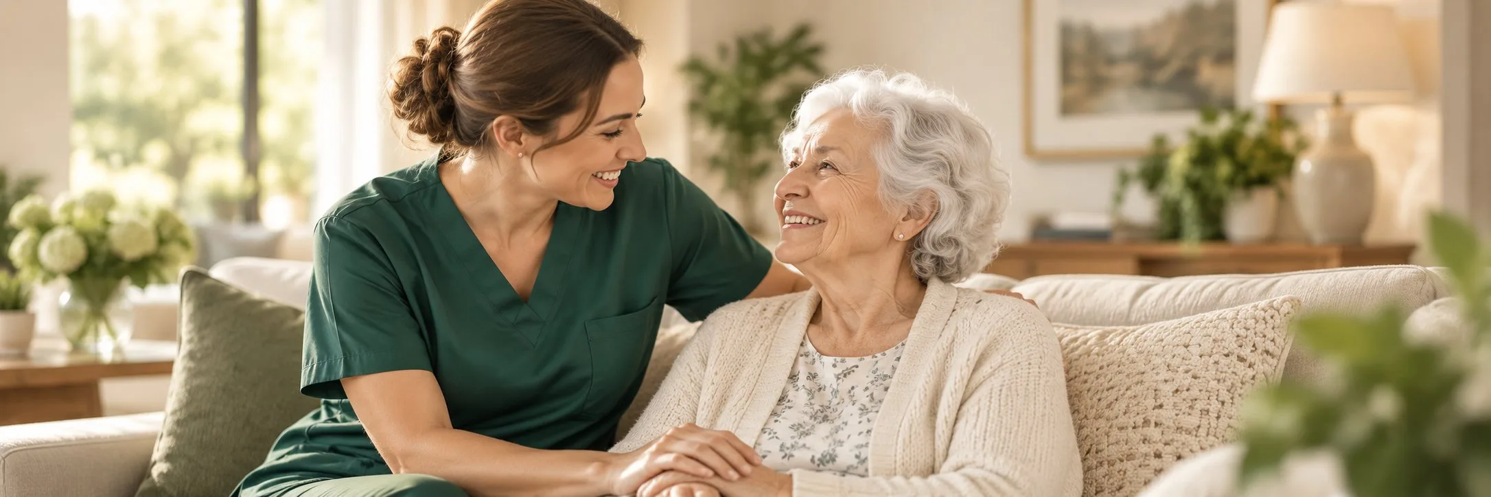 Caregiver in green scrubs holding hands with a smiling older client on a sofa.