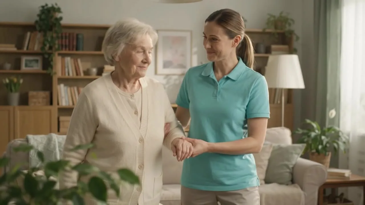 Caregiver in a teal uniform walking with an older client at home.