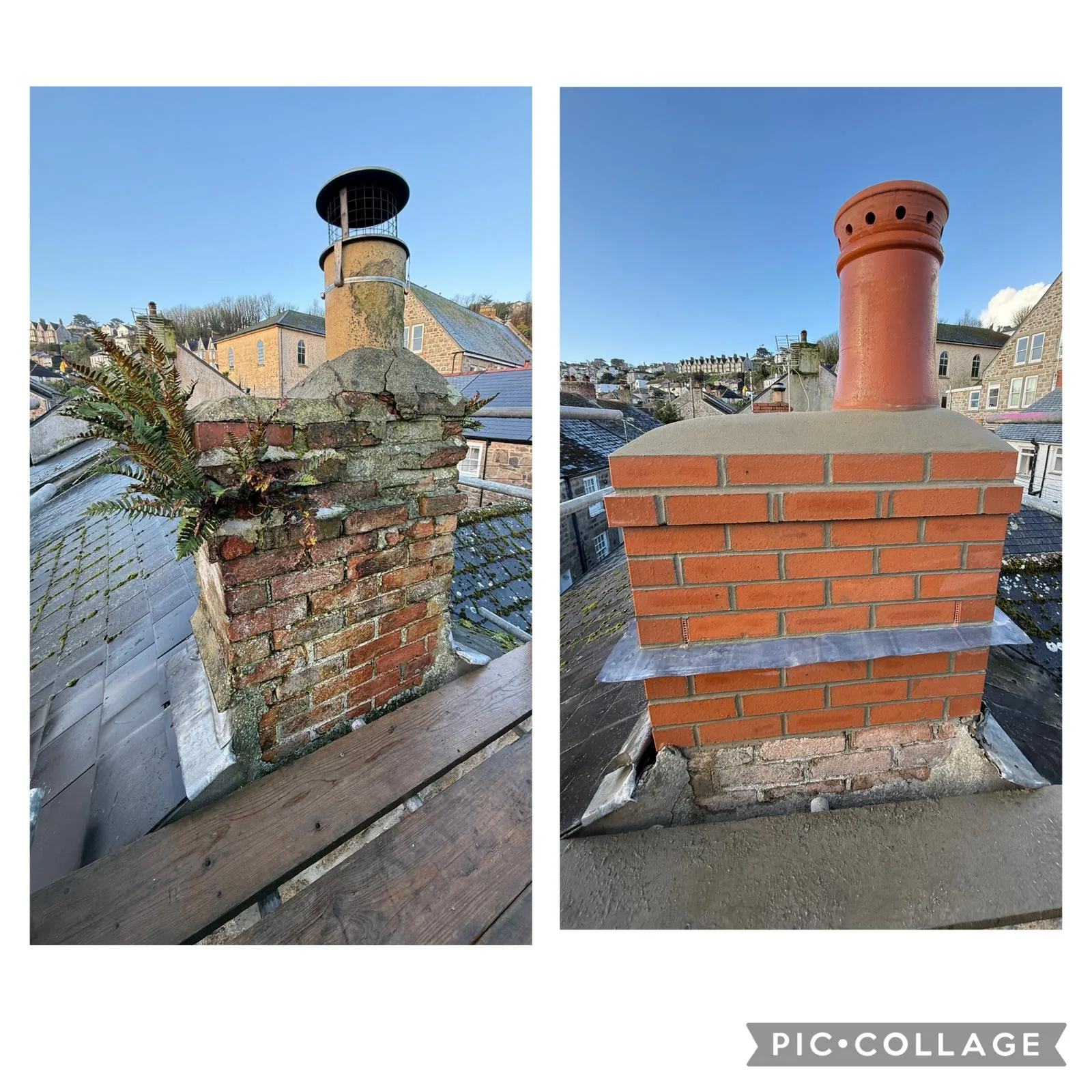 Roofline chimney rebuild by L W Construction — town single-pot, Cornwall — before