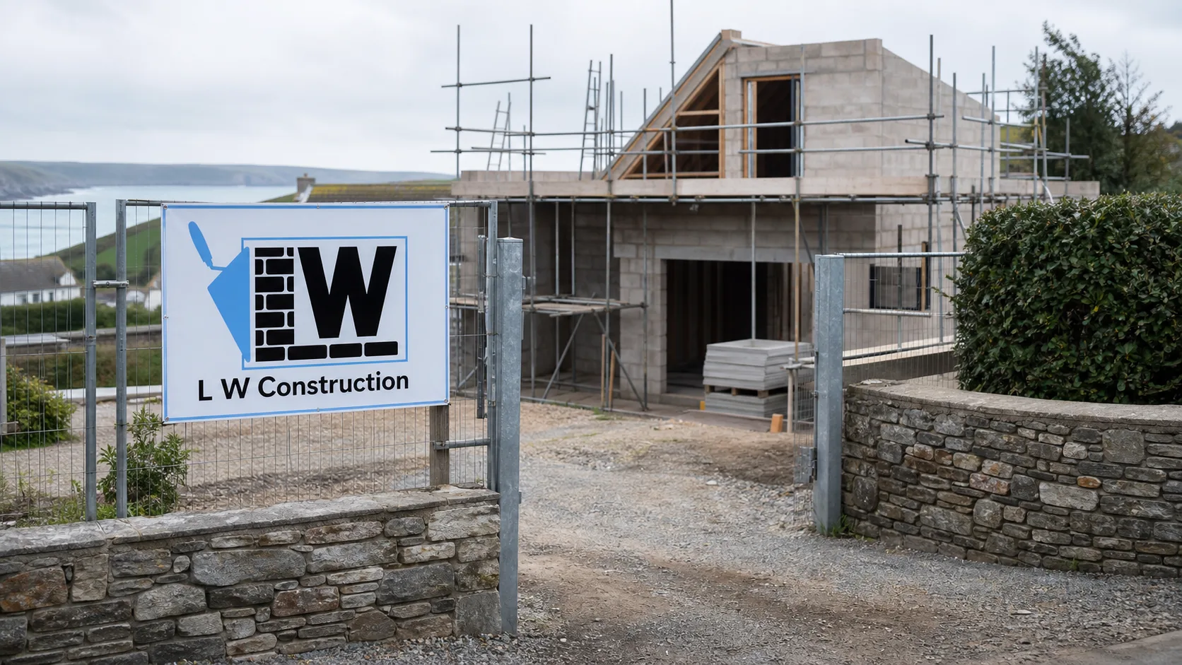 L W Construction site board on a Cornwall brickwork project