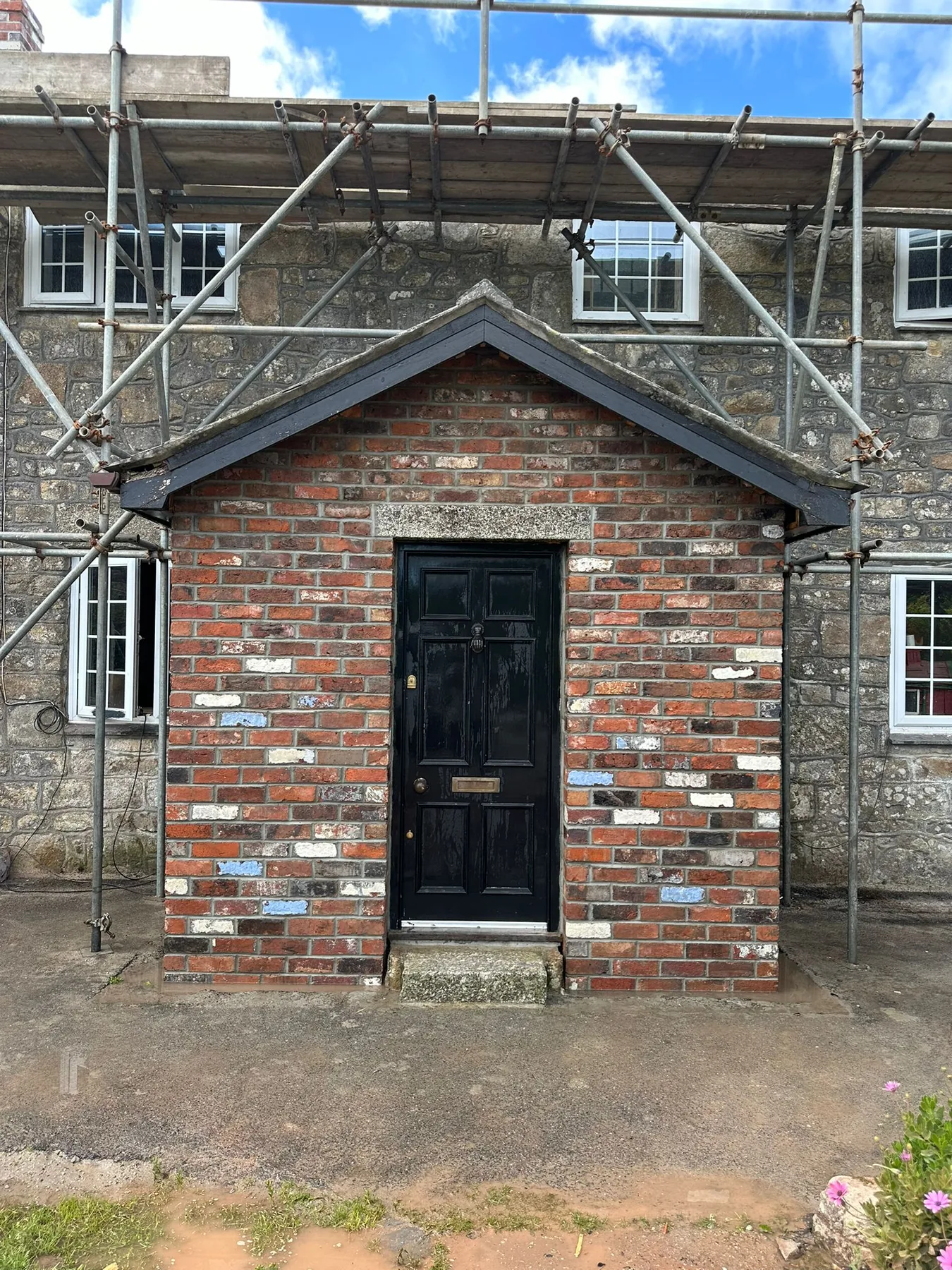 Decorative brickwork in progress by L W Construction — Nancledra, Cornwall — scaffold during build, alternate angle