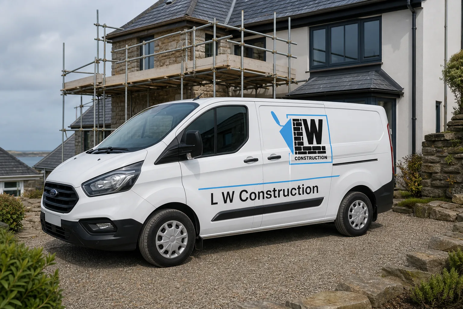 L W Construction van — arriving at a Cornwall roofing and chimney job