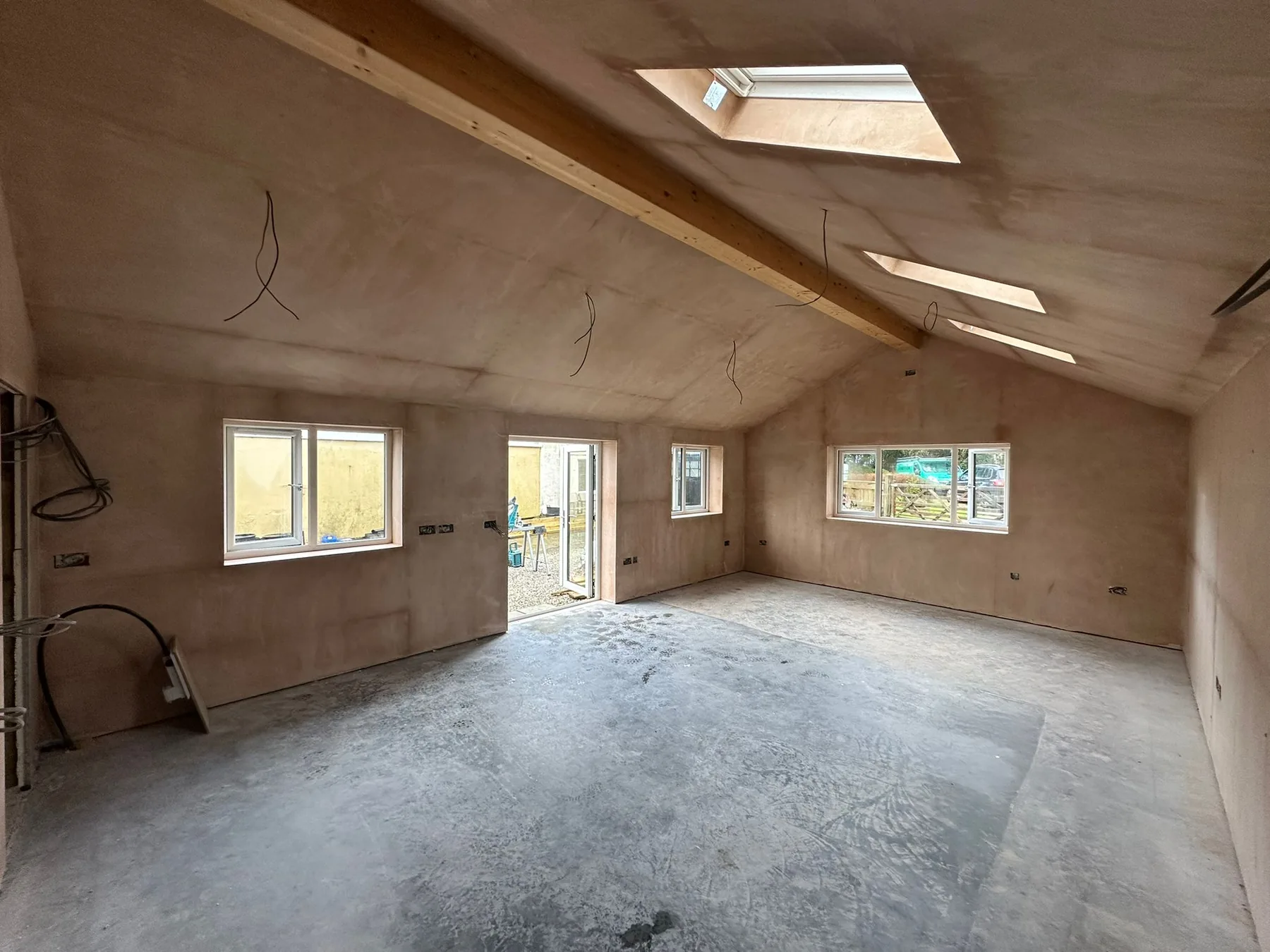Extension at Joppa Farm, St Just by L W Construction — interior boarded and first-fix during build