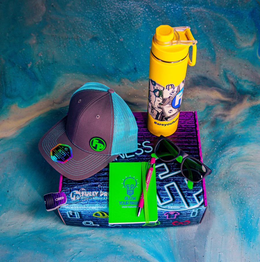 Branded hat, water bottle, notebook and promotional products