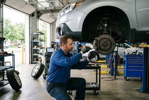 Illustrative independent auto technician servicing a vehicle wheel
