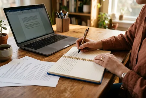 Illustrative business owner drafting a blog post beside a laptop