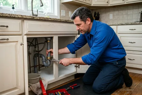 Illustrative plumber repairing a sink in a suburban kitchen