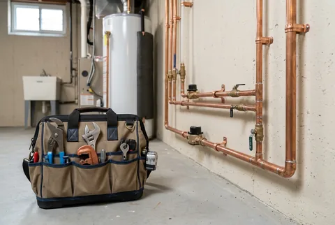 Illustrative plumbing tool bag beside neatly installed home pipework