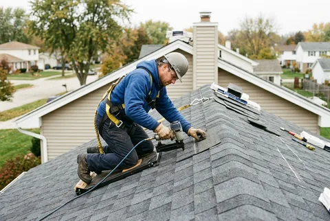 Illustrative roofing worker safely fastening shingles on a suburban home