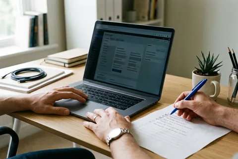 Illustrative hands reviewing website maintenance notes beside a laptop