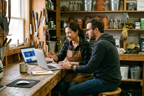 Illustrative local shop owner reviewing a website with a designer