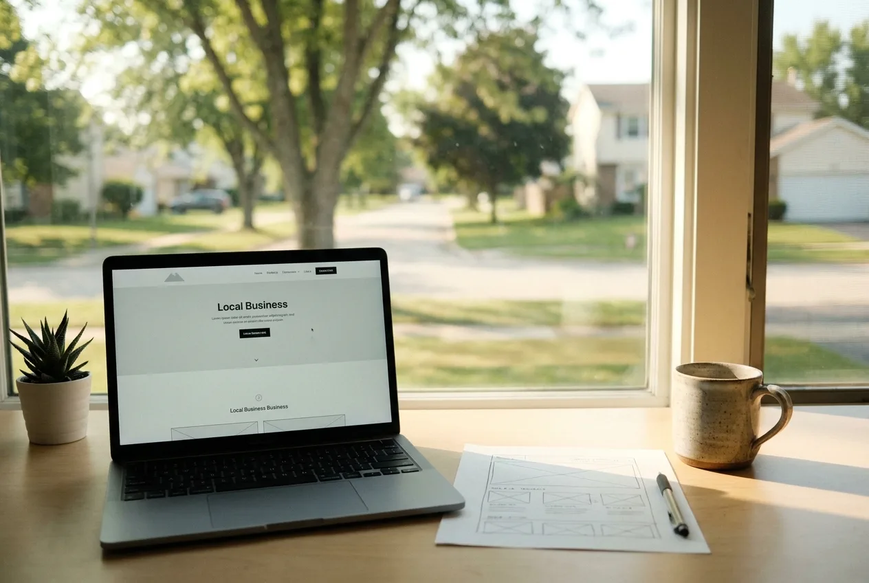 A desk by a window in Gurnee with a laptop showing a small business website.