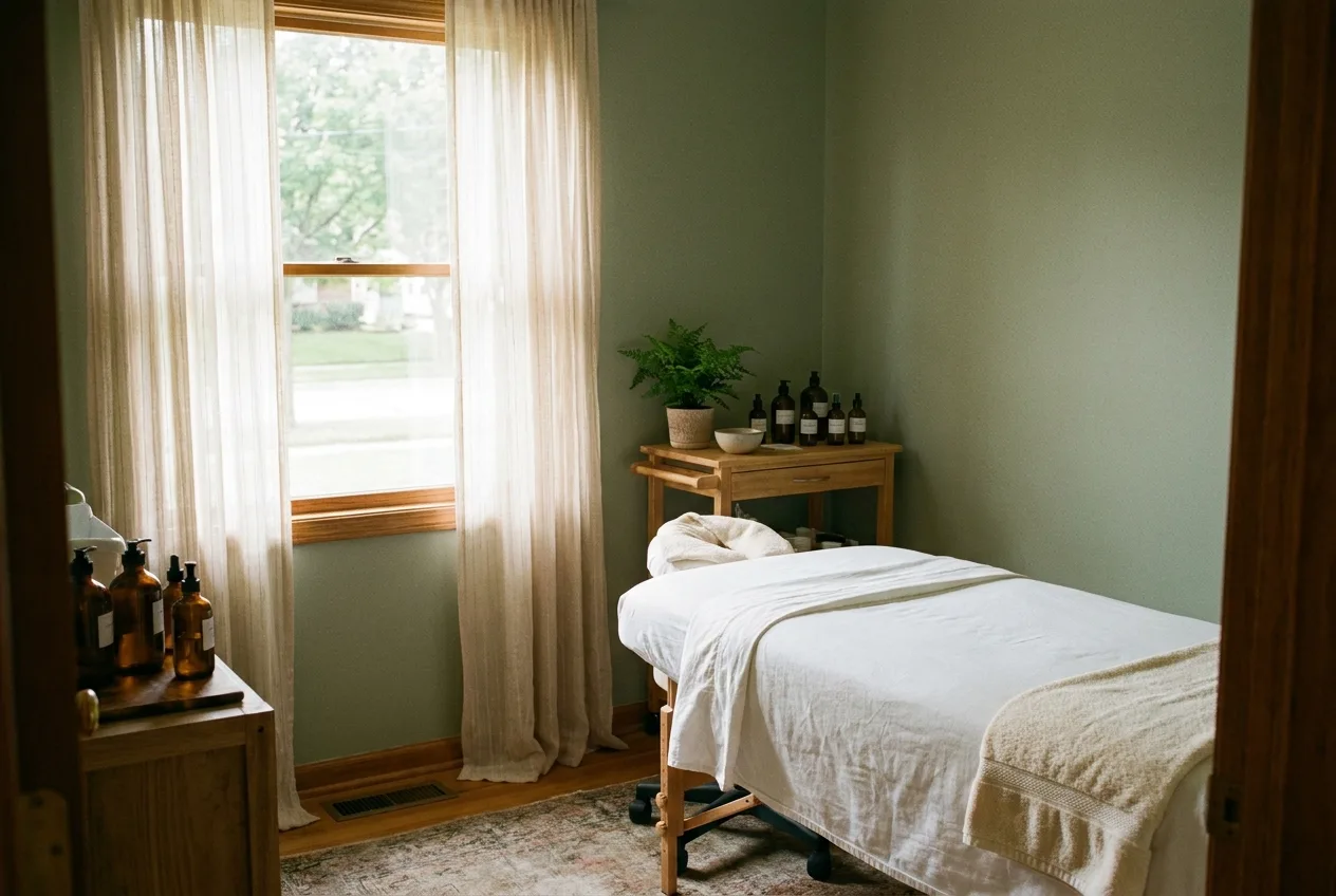 A med spa treatment room with a sage wall and sheer curtains.