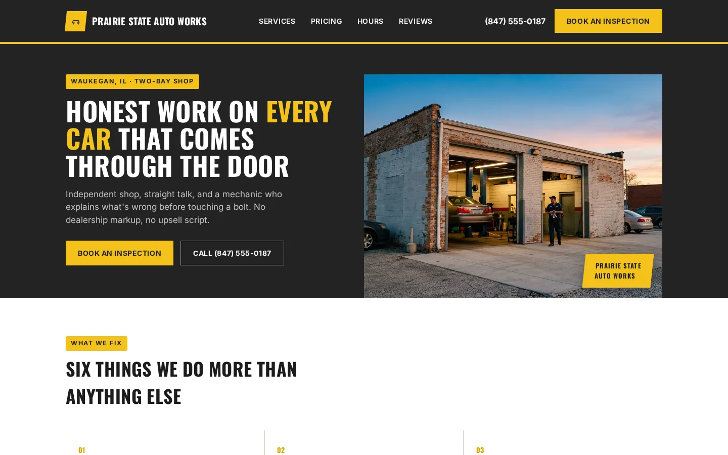 Home page of the Prairie State Auto Works spec project.