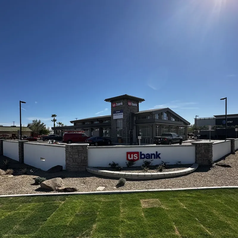 Finished bank branch exterior and monument wall