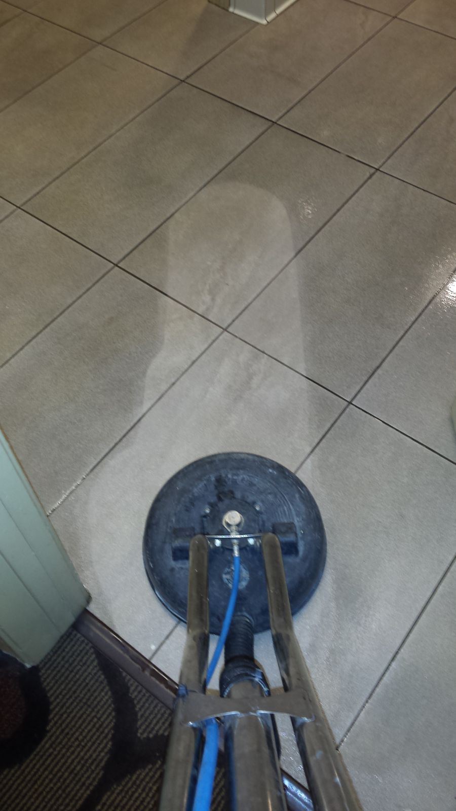 Grout being steam cleaned