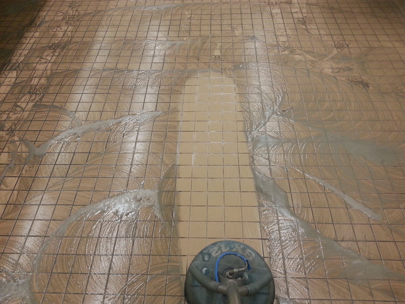 Grout lines partially cleaned showing contrast